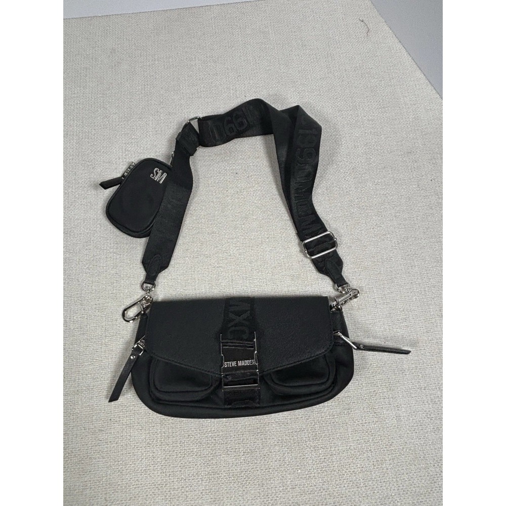 Steve Madden Utility Black Nylon Flap Shoulder Crossbody Bag Pouch Strap